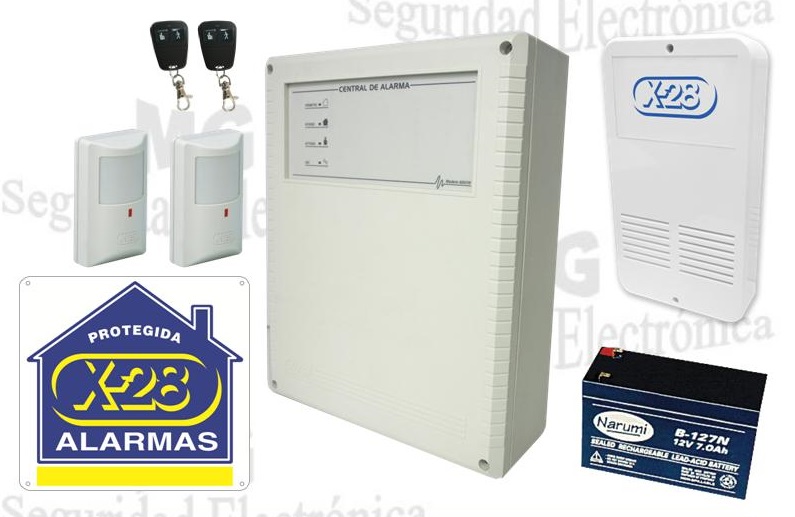 Central, 2 controles remotos, batería, 2 sensores para interior, sirena para exterior.